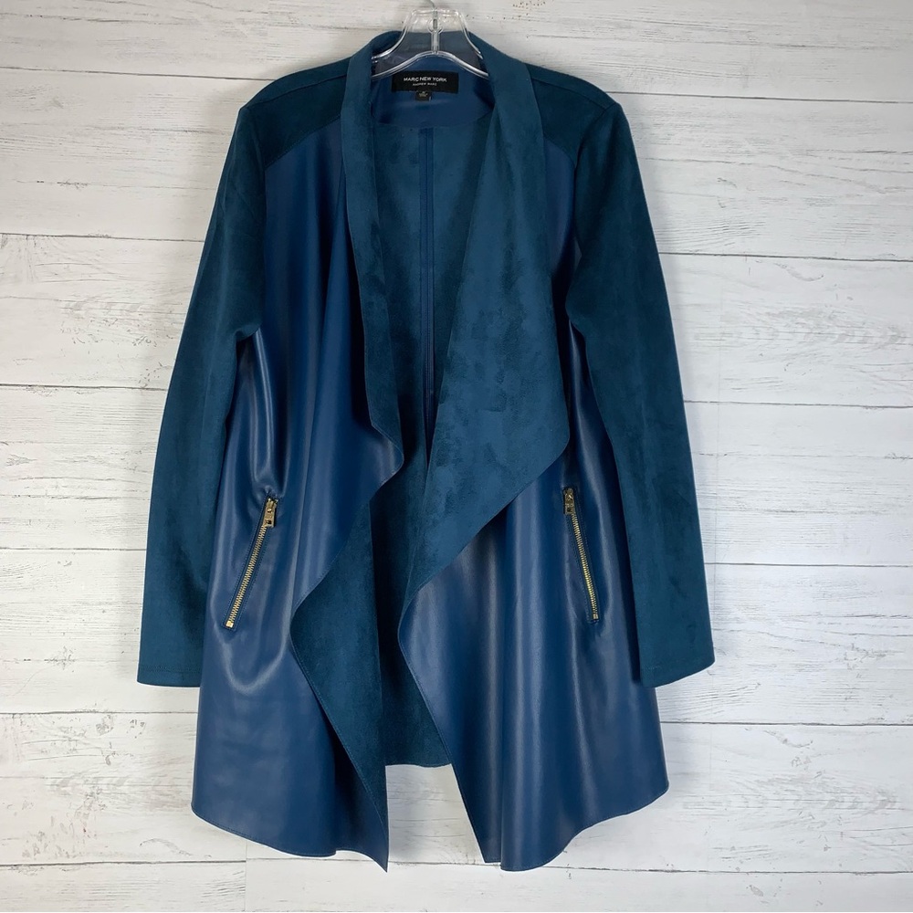 Mark New York Teal Blue faux Leather draped Jacket  women's M faux Suede sleeves